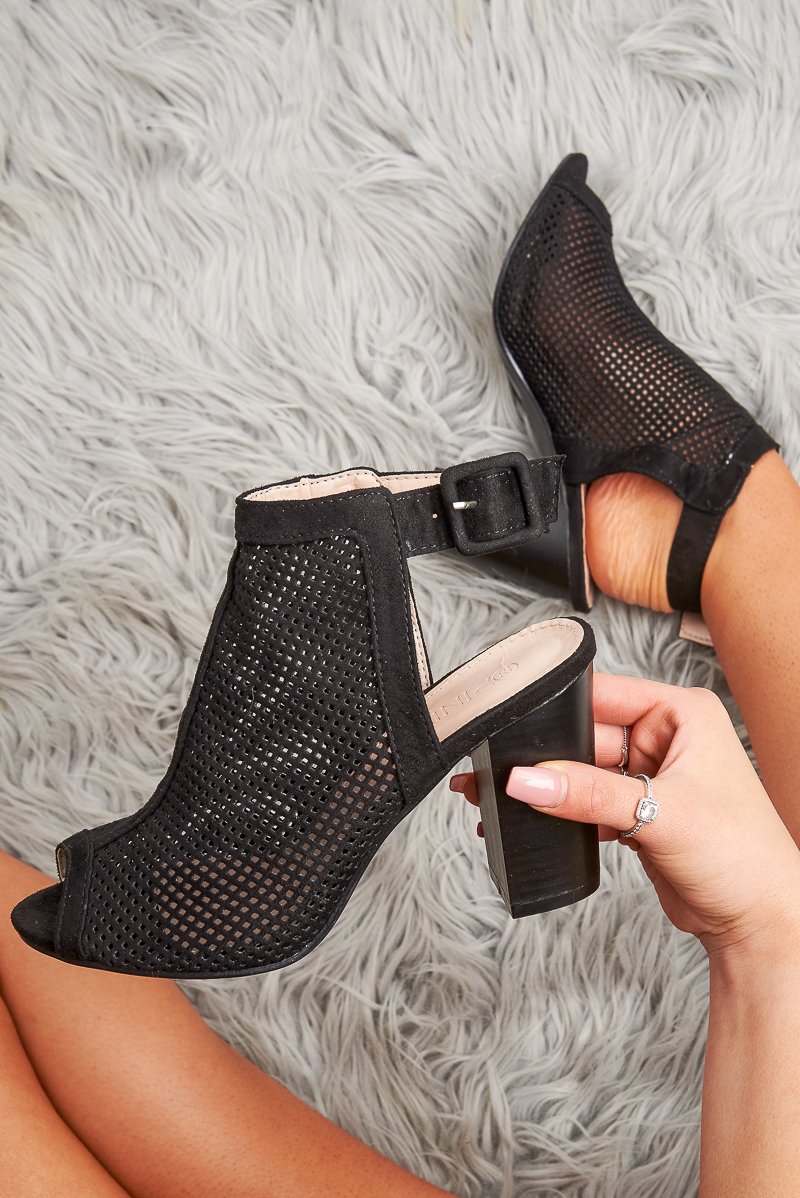 Black Faux Suede Cage Front Block Heels - Shannon-Heels