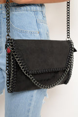 Black Faux Suede Chain Trim Cross Body Bag - Deina-Bags