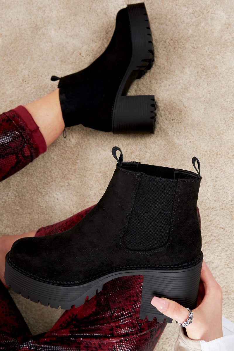 Black Faux Suede Chunky Sole Block Heel Boots - Sofie-Boots
