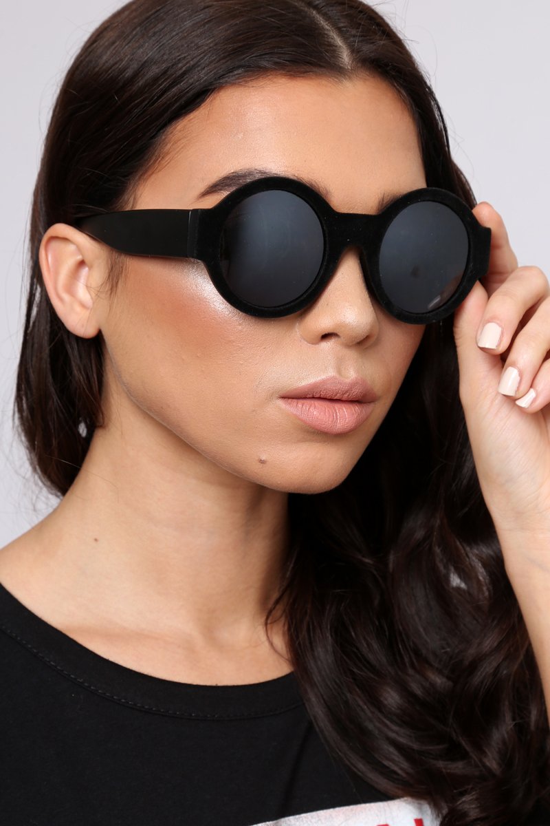 Black Faux Suede Circle Sunglasses - Remmie-Sunglasses