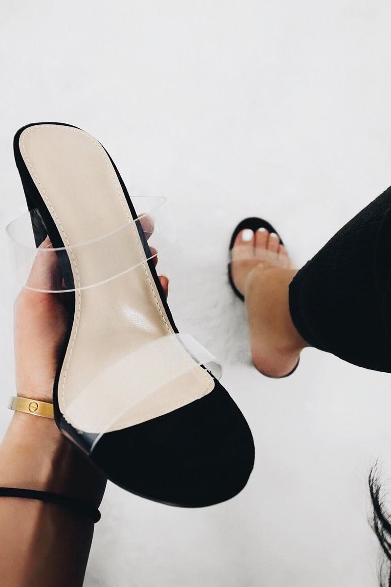 Black Faux Suede Clear Strap Heels - Rochella-Heels