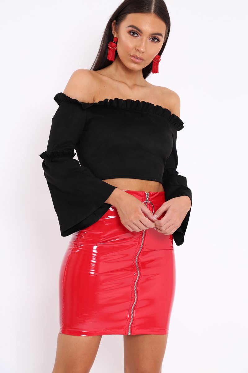 Black Faux Suede Crop Bardot Top - Torri-Crop Tops