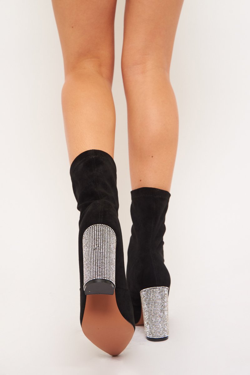 Black Faux Suede Diamante Heel Sock Boot - Graylin-Boots
