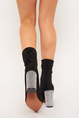 Black Faux Suede Diamante Heel Sock Boot - Graylin-Boots
