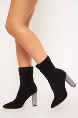 Black Faux Suede Diamante Heel Sock Boot - Graylin-Boots