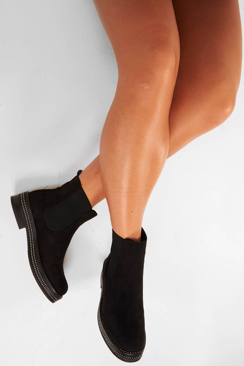 Black Faux Suede Diamante Trim Chunky Boots - Seanna-Boots