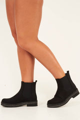 Black Faux Suede Diamante Trim Chunky Boots - Seanna-Boots