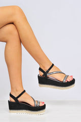 Black Faux Suede Dimante Ankle Strap Wedges - Clarah-Wedges