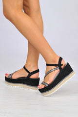 Black Faux Suede Dimante Ankle Strap Wedges - Clarah-Wedges