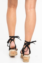 Black Faux Suede Double Strap Lace Up Wedges - Nyia-Sandals
