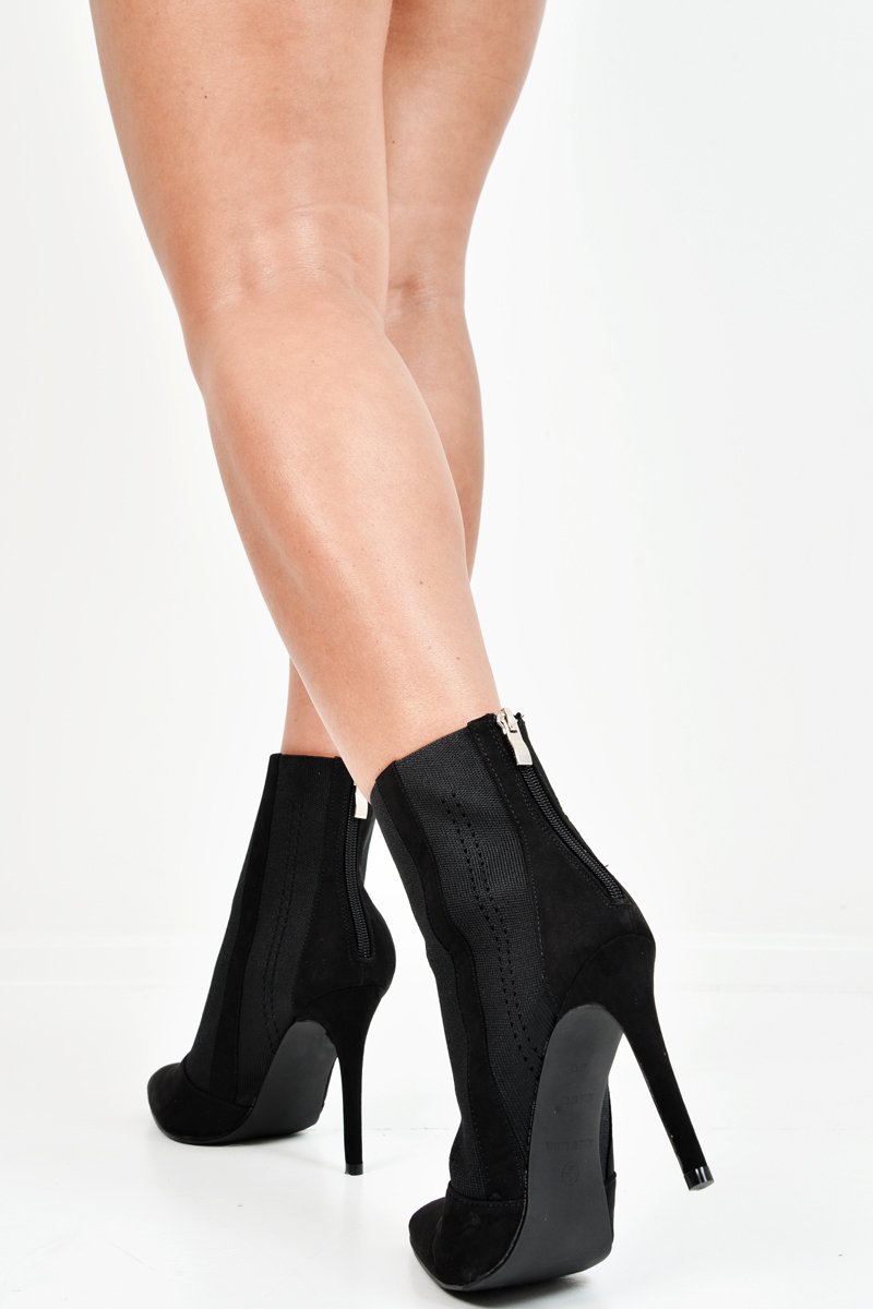 Black Faux Suede Elasticated Heeled Boots - Labria-Boots