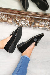 Black Faux Suede Embellished Front Flats - Jelisa-Flats