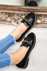 Black Faux Suede Embellished Front Flats - Jelisa-Flats