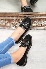 Black Faux Suede Embellished Front Flats - Jelisa-Flats