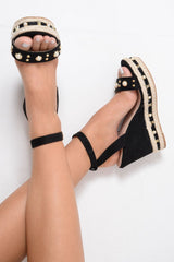 Black Faux Suede Embellished Wedges - Kellie-Wedges