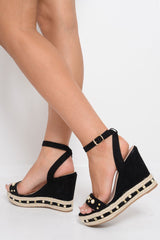 Black Faux Suede Embellished Wedges - Kellie-Wedges