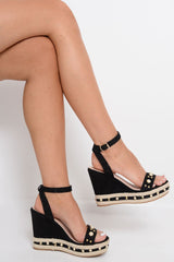 Black Faux Suede Embellished Wedges - Kellie-Wedges