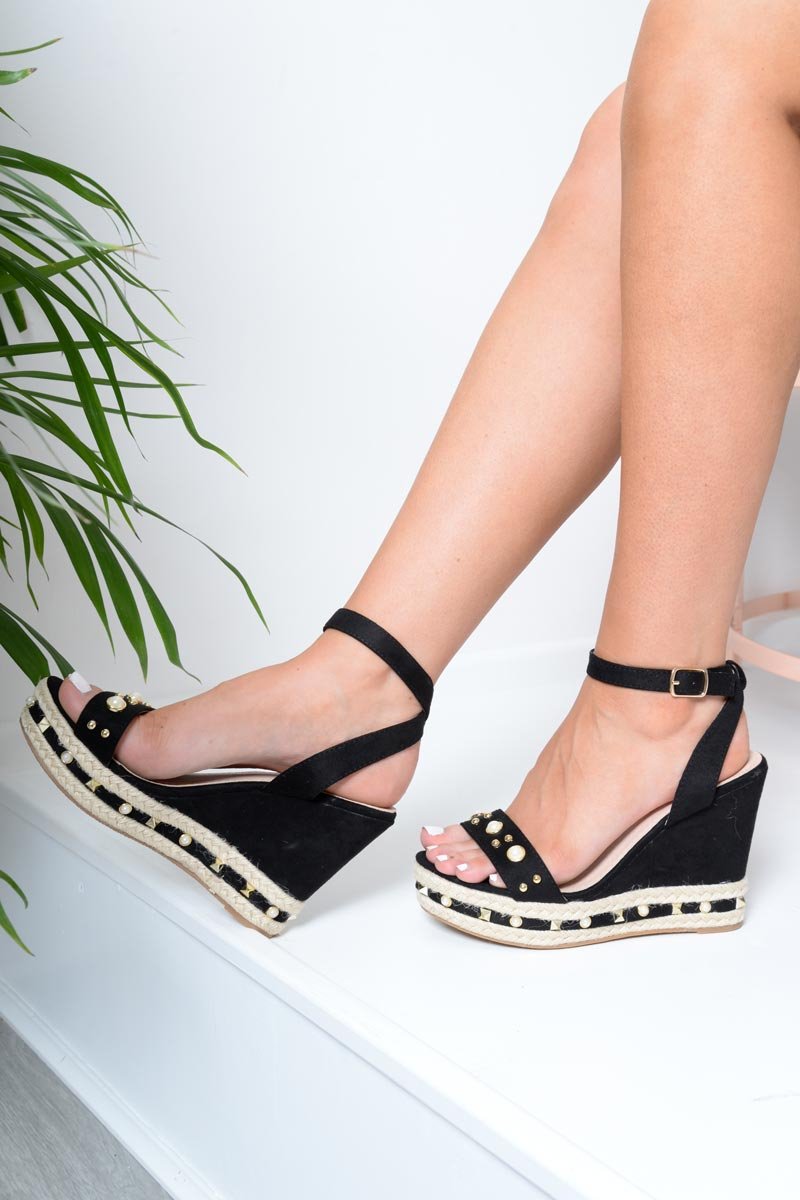 Black Faux Suede Embellished Wedges - Kellie-Wedges