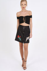 Black Faux Suede Embroidered Button Up Mini Skirt - Marlia-Skirts