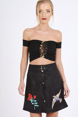 Black Faux Suede Embroidered Button Up Mini Skirt - Marlia-Skirts