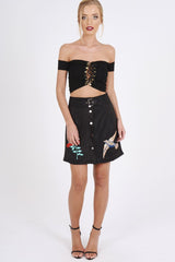 Black Faux Suede Embroidered Button Up Mini Skirt - Marlia-Skirts