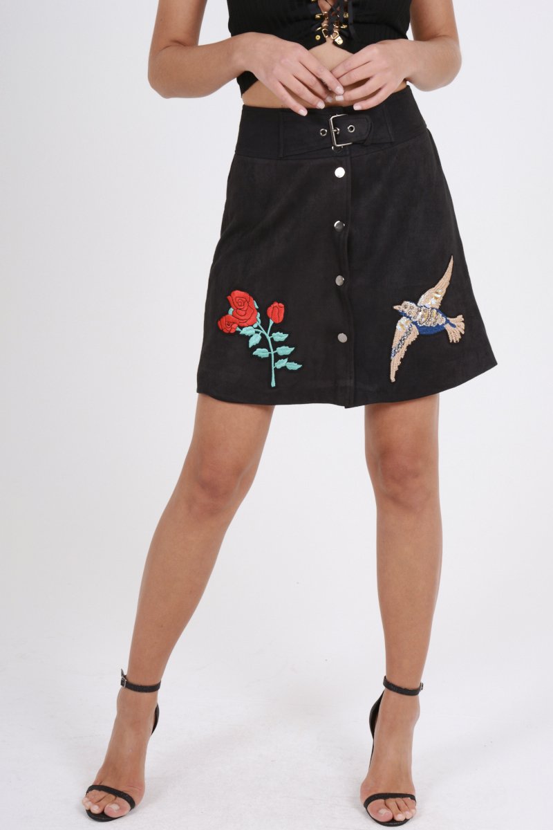 Black Faux Suede Embroidered Button Up Mini Skirt - Marlia-Skirts