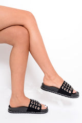 Black Faux Suede Eyelet Sliders - Miel-Sliders