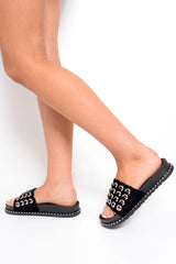 Black Faux Suede Eyelet Sliders - Miel-Sliders