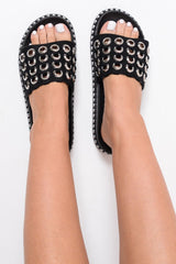 Black Faux Suede Eyelet Sliders - Miel-Sliders