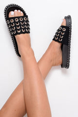 Black Faux Suede Eyelet Sliders - Miel-Sliders