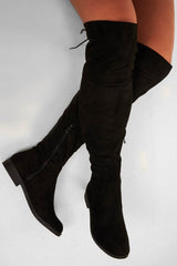 Black Faux Suede Flat Knee High Boots - Oakleigh-Boots