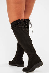 Black Faux Suede Flat Knee High Boots - Oakleigh-Boots