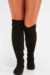 Black Faux Suede Flat Knee High Boots - Oakleigh-Boots