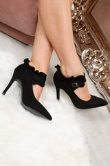 Black Faux Suede Frill Court Heels - Brynna-Heels