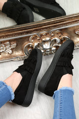 Black Faux Suede Frill Slip On Trainers - Nara-Trainers