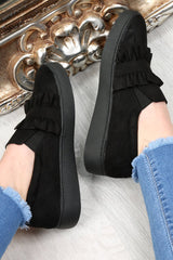 Black Faux Suede Frill Slip On Trainers - Nara-Trainers