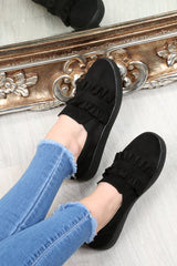 Black Faux Suede Frill Slip On Trainers - Nara-Trainers