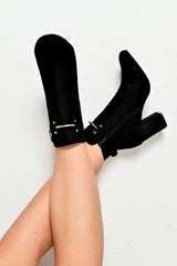 Black Faux Suede Gold Buckle Detail Ankle Boots - Jynelle-Boots
