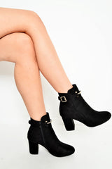 Black Faux Suede Gold Buckle Detail Ankle Boots - Jynelle-Boots