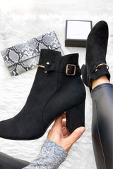 Black Faux Suede Gold Buckle Detail Ankle Boots - Jynelle-Boots