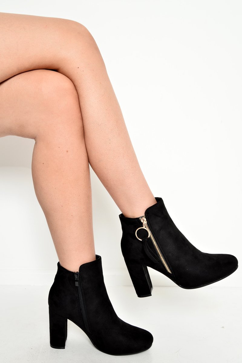 Black Faux Suede Gold Detail Ankle Boot - Daisymae-Boots