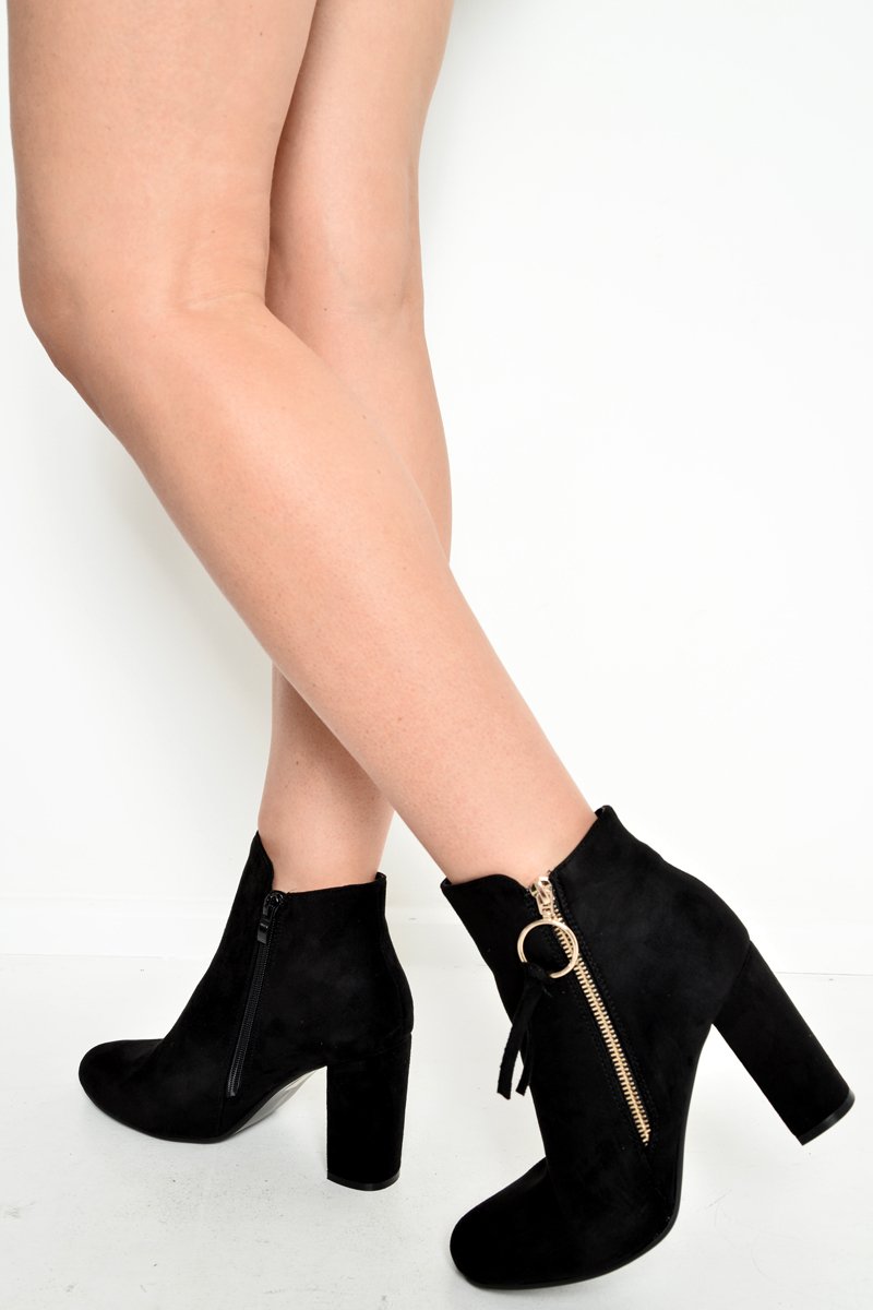Black Faux Suede Gold Detail Ankle Boot - Daisymae-Boots