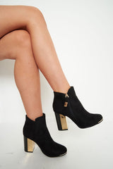 Black Faux Suede Gold Detail Heeled Boots - Kruze-Boots