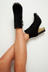 Black Faux Suede Gold Detail Heeled Boots - Kruze-Boots