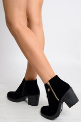 Black Faux Suede Gold Detail Zip Heeled Boot- Amare-Boots