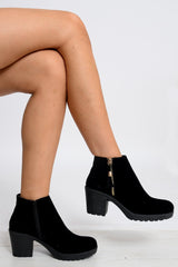 Black Faux Suede Gold Detail Zip Heeled Boot- Amare-Boots