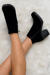 Black Faux Suede Gold Detail Zip Heeled Boot- Amare-Boots