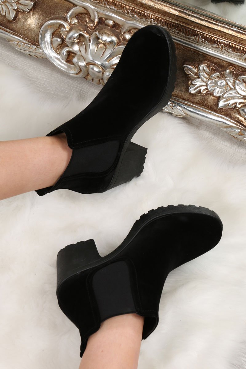 Black Faux Suede Heeled Ankle Boots - Athina-Boots