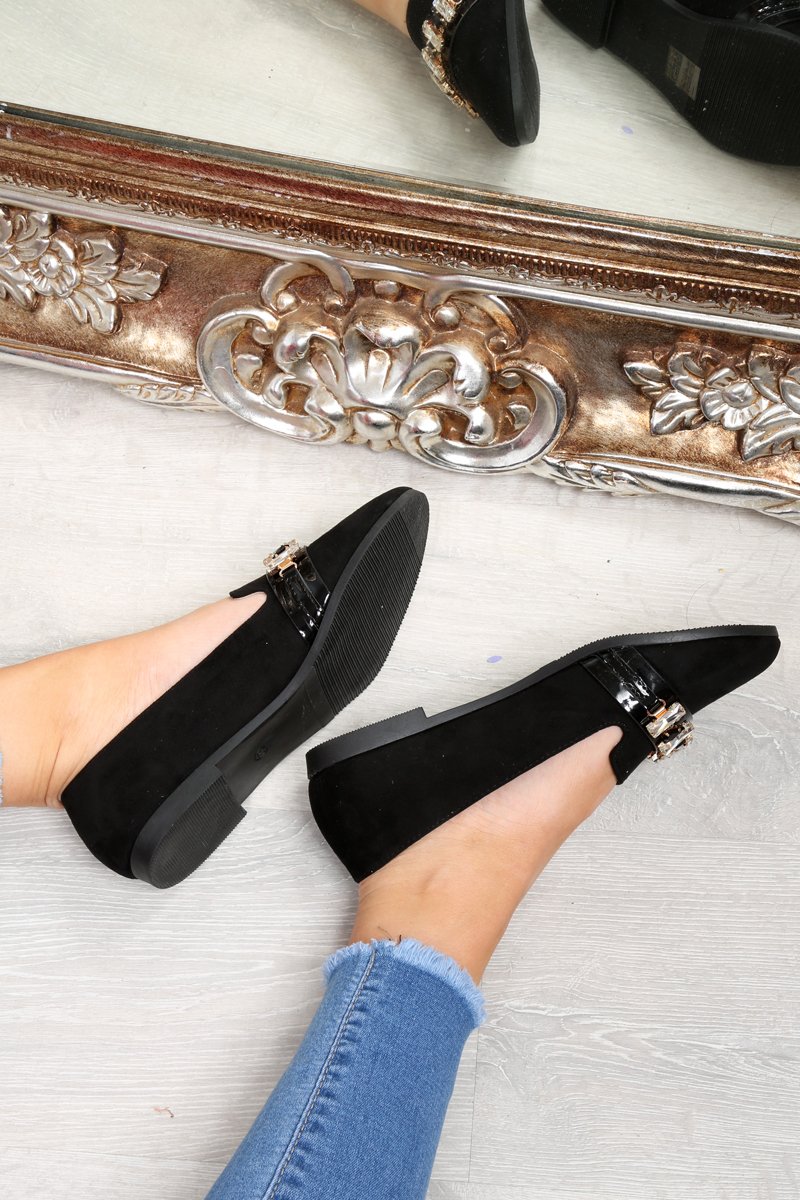 Black Faux Suede Jewel Front Flats - Hadley-Flats