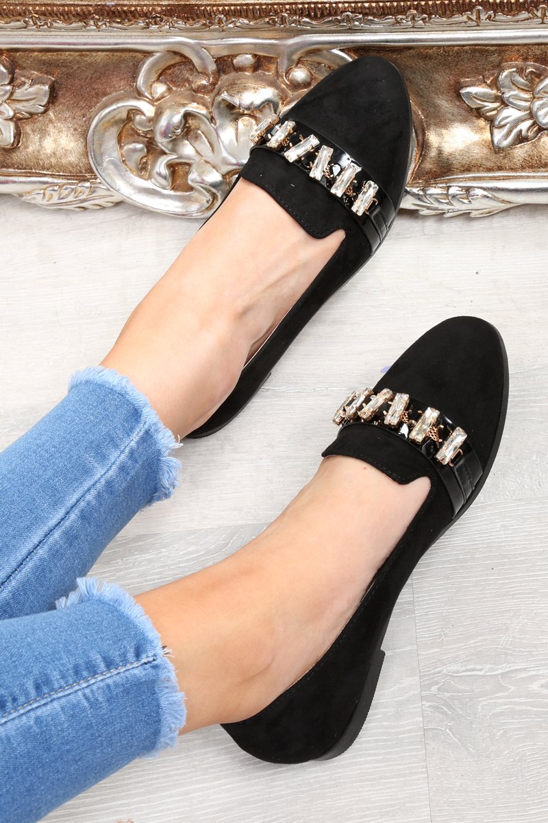 Black Faux Suede Jewel Front Flats - Hadley-Flats